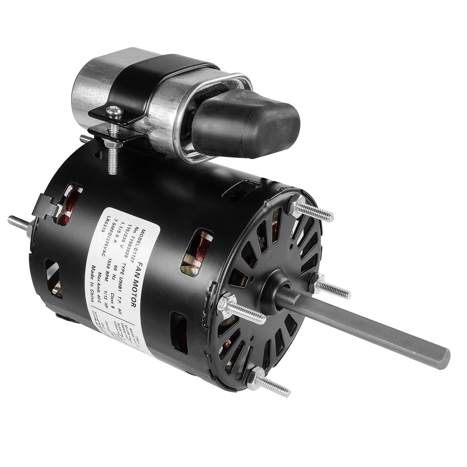 Motor HVAC D1127, 1/12 HP 1550 RPM, 115/230V CA, rotación reversible, protección térmica, diseño a prueba de goteo para sistemas de ventilación