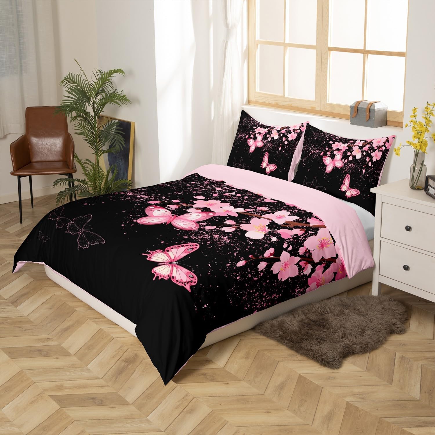 Castle Fairy Cherry Blossoms Duvet Cover Set Toddler Size,Pink Butterfly Bedding Set for Kids Boys Girls Room Decor,Romantic Style Comforter Cover,Petal Quilt Cover with 1 Pillowcase(No Comforter)