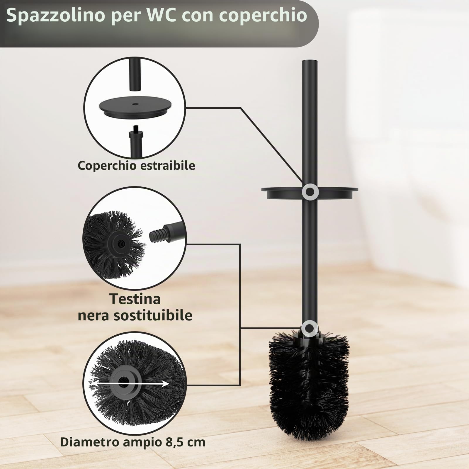 Susswiff Piantana Portarotolo e Scopino - Porta Carta Igienica Nero con Scaffale per Salviettine Umidificate, Acciaio Inox con Spazzolino WC , in Piedi