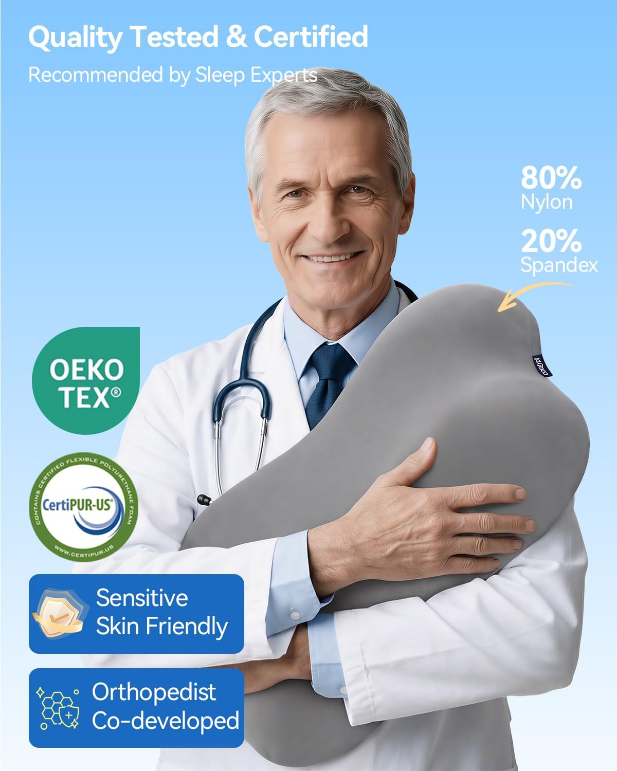 Cervical Pillow for Neck Pain Relief, Ergonomic Contour Memory Foam Pillow for Side Back Stomach Sleepers, Deep Sleep Pillow for Cloud-Soft Shoulder Support with Cooling Pillowcase, Grey
