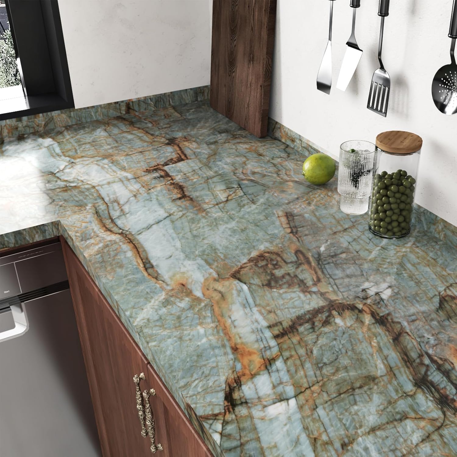 Wallercity Matte Blue/Brown Marble Contact Paper for Table Top Peel and Stick Countertops Granite Wallpaper for Bathroom Kitchen Backsplash Thick Marble Wallpapers for Cabinets Cupboards 15.8''x236''