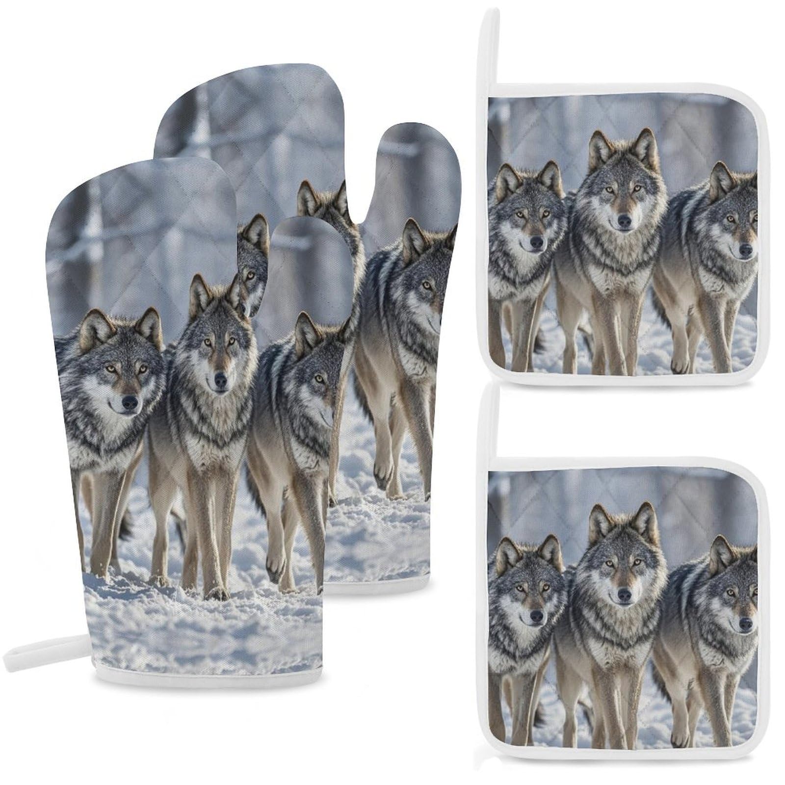 Gants de cuisine pour la cuisson au four et barbecue en lot de 4 maniques imprimées loups