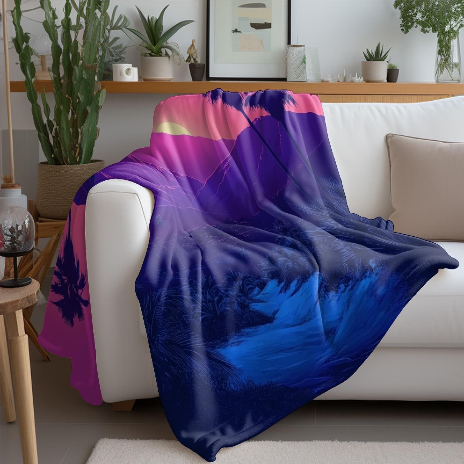 Couverture Polaire Douce 180x220 cm Silhouette de Montagnes Et de Palmiers Chaude Moelleuse Flanelle Couverture Sherpa de Lit Couvre-lit Jeté de Canapé, Convient Adulte et Enfant, Couleurs NéOn
