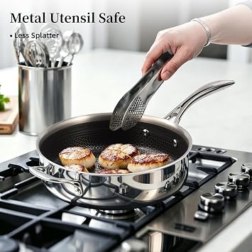 DELUXE 3.7 Qt Hybrid Ceramic Nonstick Deep Saute Frying Pan & Lid | Home Daily Cooking,Stainless Steel Frying Pan,Stay-Cool Handles, Dishwasher Oven-Safe, PFOA Free Compatible with All Cooktops