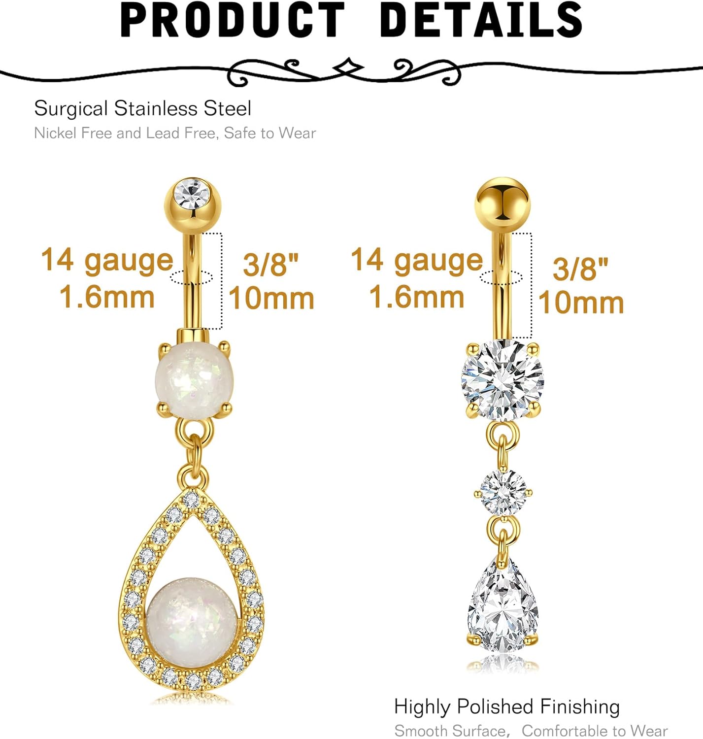 MODRSA Silver Gold Belly Button Ring for Women Clicker Hoop Belly Rings Opal Navel Piercing Jewelry Dangle Hypoallergenic Surgical Steel Dainty Dangling Navel Rings for Women - Image 2