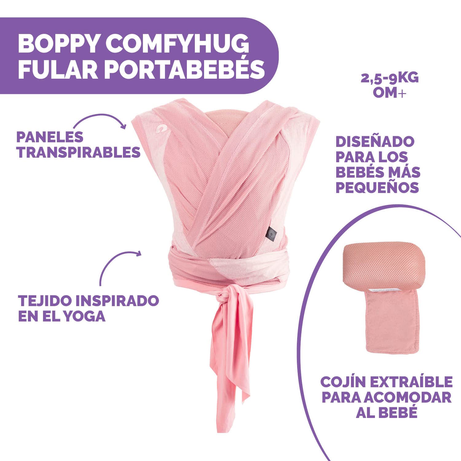 Chicco Boppy ComfyHug Fular Portabebés Ergonómico para Recién Nacidos, Desde 2,5 kg, Mochila Fácil de Usar y Cómoda, Orientada hacia los Padres, Arnés Ajustable, Soporte Cabeza y Cuello, Rosa