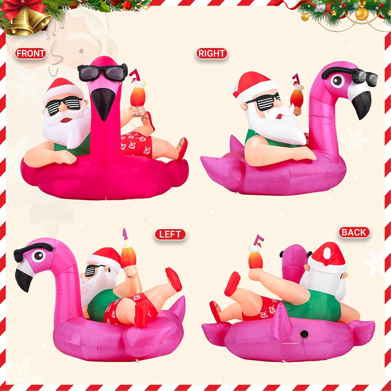 9 FT Hawaiian Santa on Flamingo Pool Float Christmas Inflatable Outdoor Decoration, Christmas Blow Up Santa Claus Yard Decorations with Build-in 12 Led Lights for Garden Lawn Xmas Party Decor - Image 4