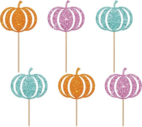Decoración para cupcakes de calabaza, palillos de calabaza naranja, palillos de pastel de calabaza con purpurina colorida para decoración de