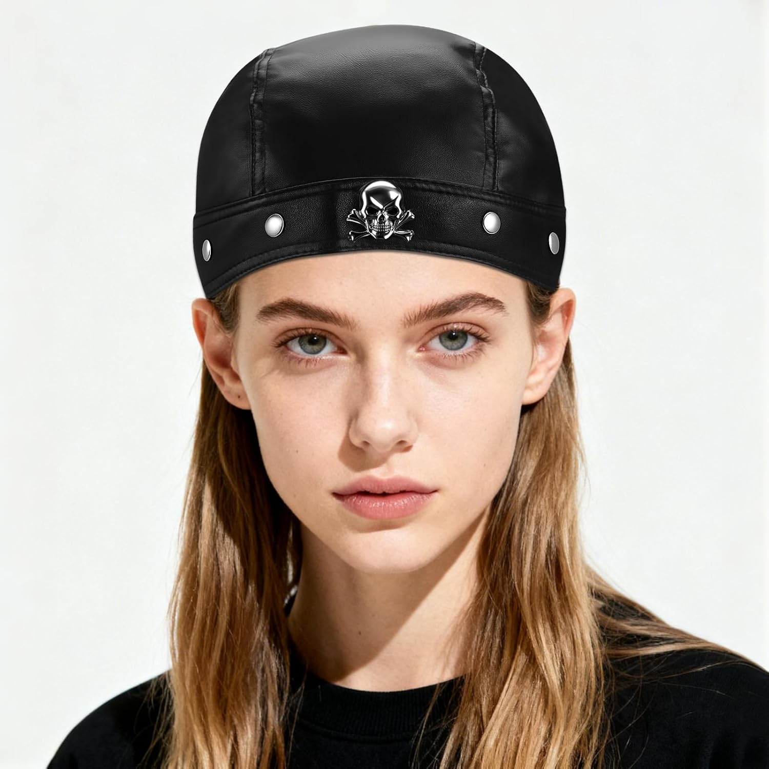 Biker Cap Leather Head Wraps for Women Black Bandana Skull Cap Adjustable Motorcycle Biker Black Leather Bandana Motorcycle Accessories for Women Stylish Biker Head Wrap Doo Rag - Image 2