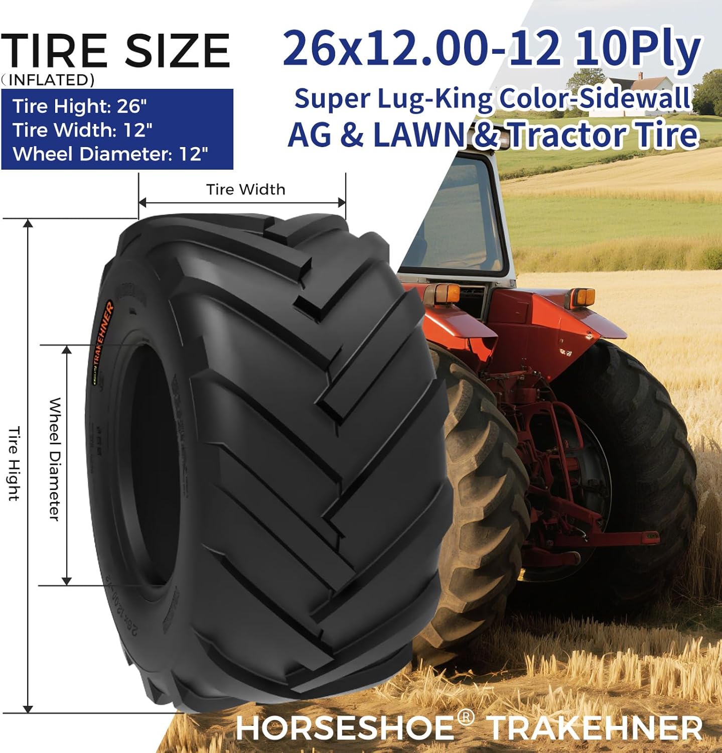 HORSESHOE TRAKEHNER 2-Pcs 26x12.00-12 / 26x12-12 10PR T148 Super Lug-King Ditch Witch Trencher AG Farm Lawn Tractor Tires 26120012 Color-Sidewall Heavy Duty (26x12.00-12 10Ply)