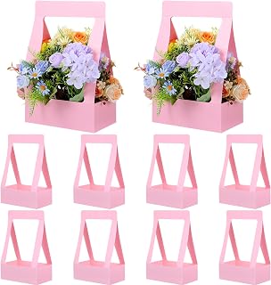 Ubamdom 10 PCS Paper Flower Gift Bags, Pink Bouquet Flower Box with Handheld DIY Arrangement Basket Flowers Packaging Box Handheld Flowers Boxes for Valentine's Wedding Anniversary Party