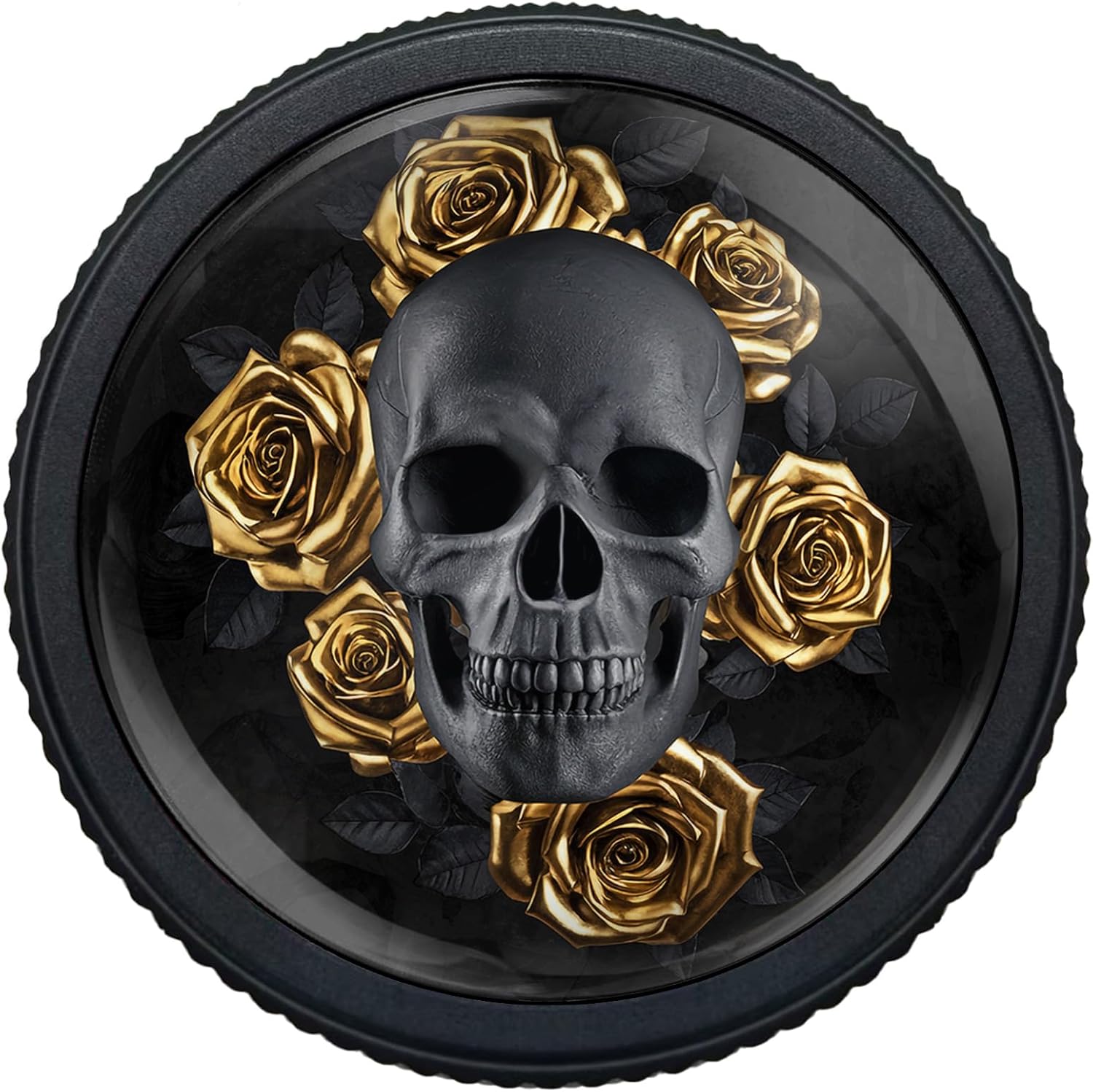 4 Pack Cabinet Knobs Round Matte Black Drawer Pulls, Gothic Black Skull with Golden Roses Hardware Dresser Knob for Bathroom Kitchen