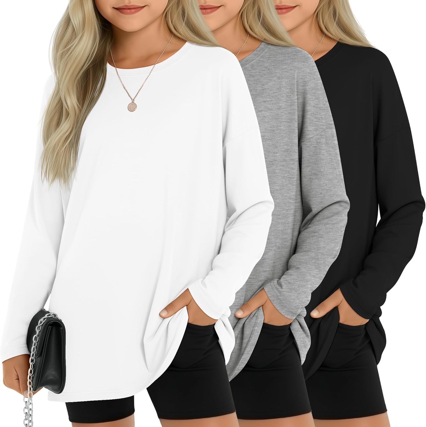 3 Pack Girls Oversized Long Sleeve Shirts Kids Loose Fit Crewneck Tops Trendy Fall Casual Basic Tees 5-14 Years
