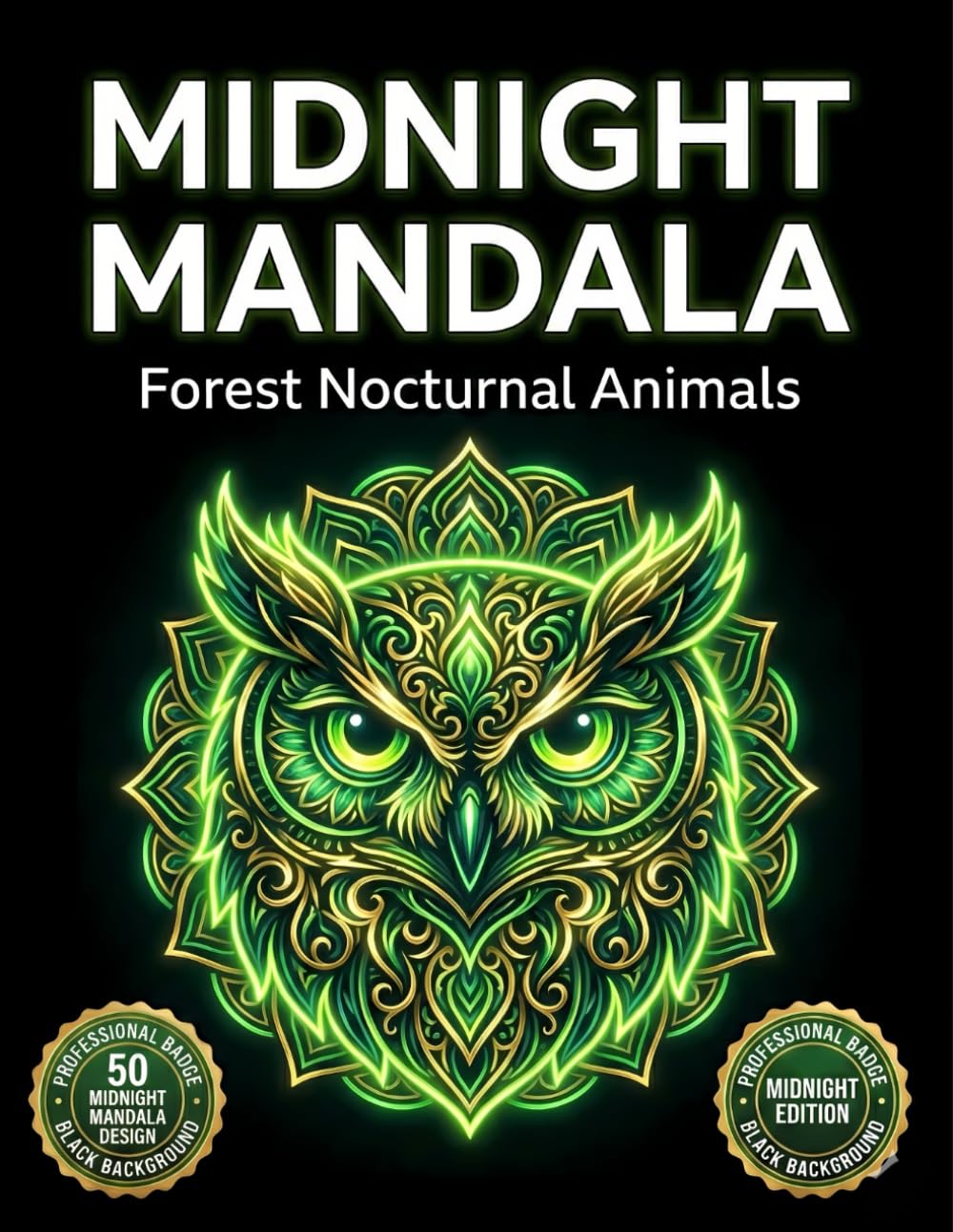 Midnight Mandala Coloring Book: Forest Nocturnal Animals: 50 Detailed Animal Designs on Black Background for Adult Relaxation and Calm (Midnight Neon Mandalas)