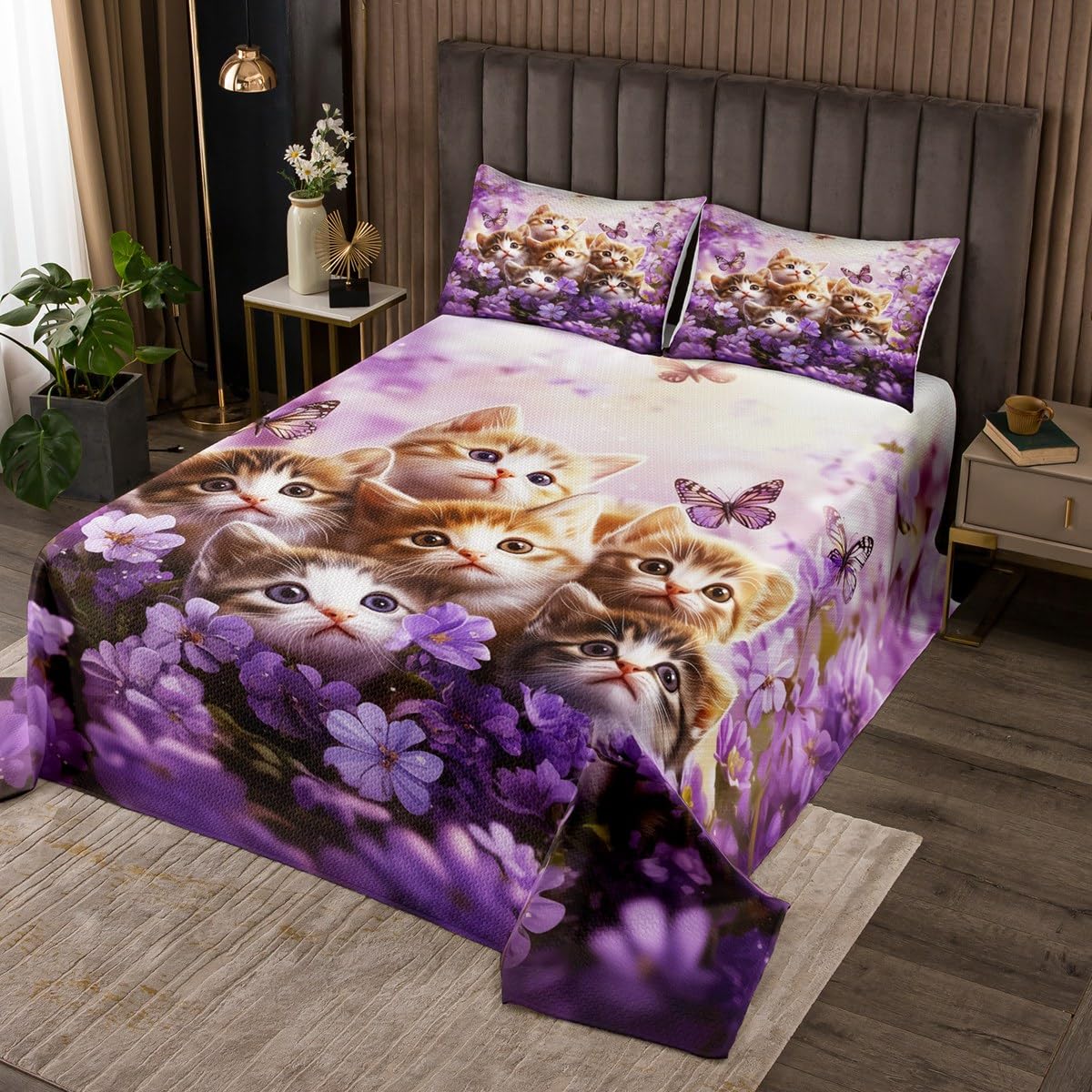 Kawaii Cat Bedspread Twin Size,Purple Flowers and Butterfly Comforter Set for Kids Teens Bedroom Decor,Rustic Vintage Soft Bedding Set 2Pcs,1 Pillowcase