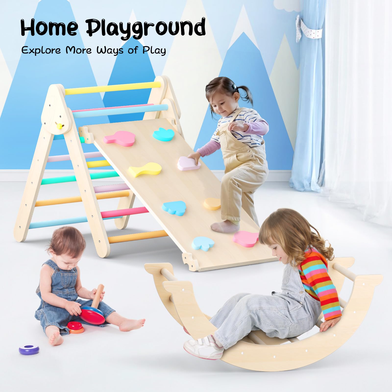 nmoiww Struttura da Arrampicata per Bambini 9 in 1, Scala da Arrampicata in Legno per Bambini con Cuscino Accogliente, Palestra da Gioco Montessori per Interni (Dinosauro verde-9 in 1)