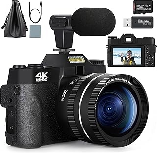 Digital Cameras for Photography, 4K 48MP Video Camera, 16X Digital Zoom Vlogging Camera for YouTube, Travel Camera with 32GB SD Card and Wide Angle Lens Macro Lens
