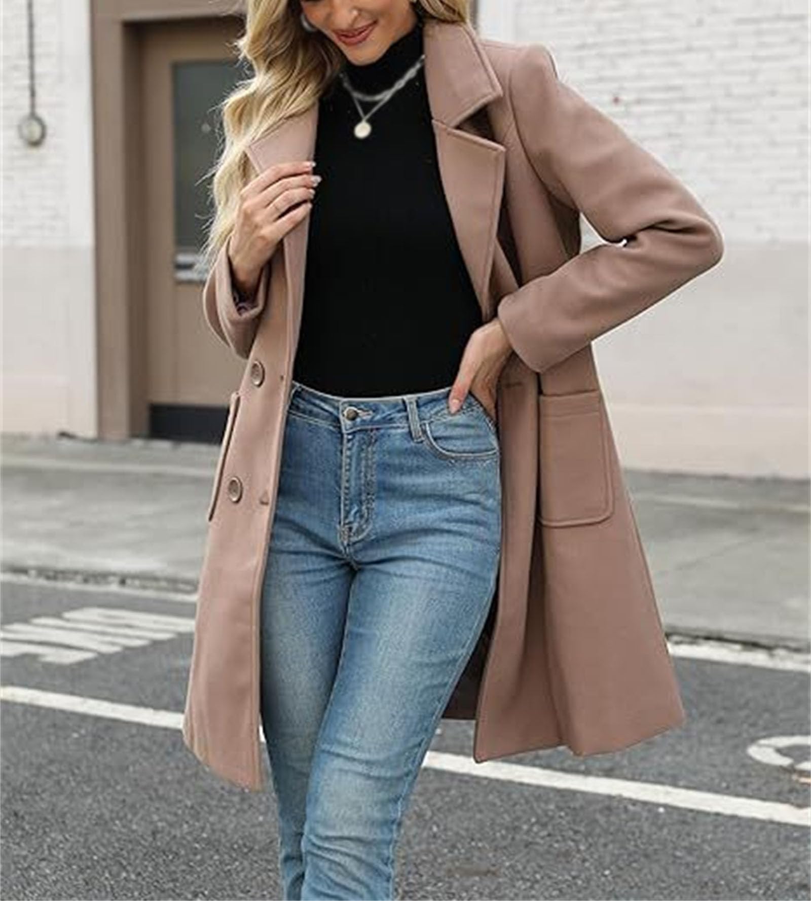 Cappotto invernale da donna in lana casual con risvolto a tacca monopetto cappotto autunnale cardigan con risvolto di media lunghezza soprabito con tasche
