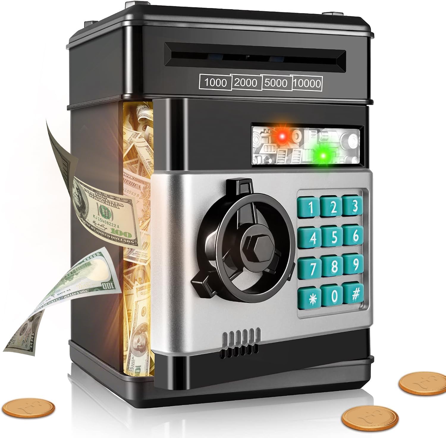 Yellcetoy Money Box for Kids Ages 3-12, Money Bank Piggy Bank for Boys Girls Electronic Password Cash Coin Can Auto Scroll Paper Money ATM Password Money Safe Kids Birthday Xmas Gifts Black