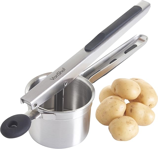 VonShef Potato Ricer Masher, Multifunctional Stainless Steel Fruit & Veg Press with Soft Grip Handle, Heavy Duty Vegetable Masher for Mashed Potatoes