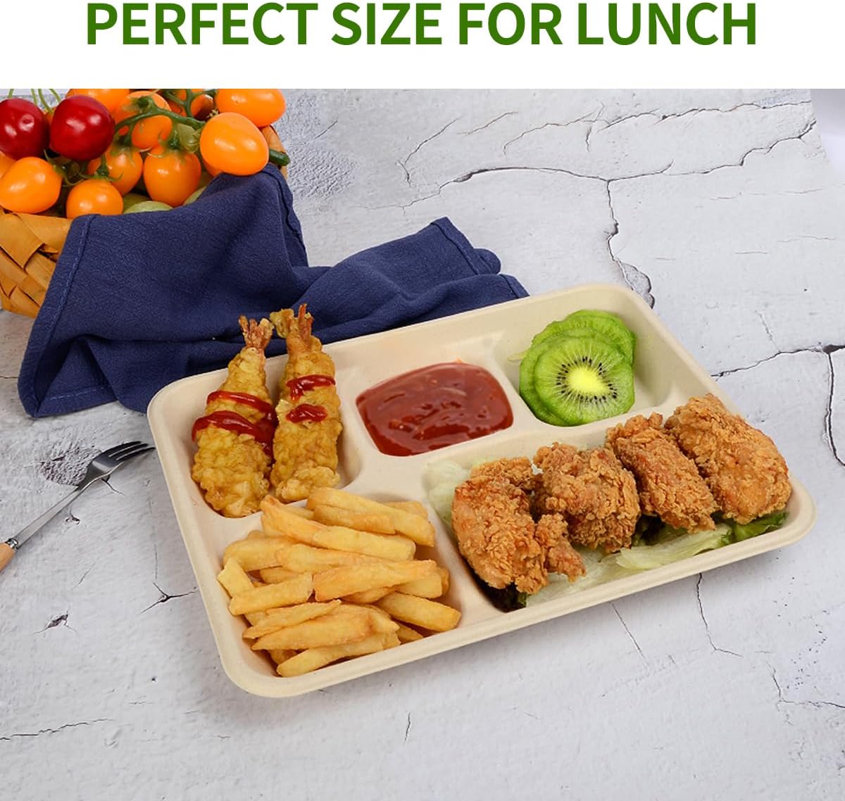 5 Compartment Paper Plates 100 Pack, 10 x 8 inch inch Disposable Lunch Trays, Divided Disposable Sectional Plate for School Lunch, Cafeteria, Buffet Church and Party
