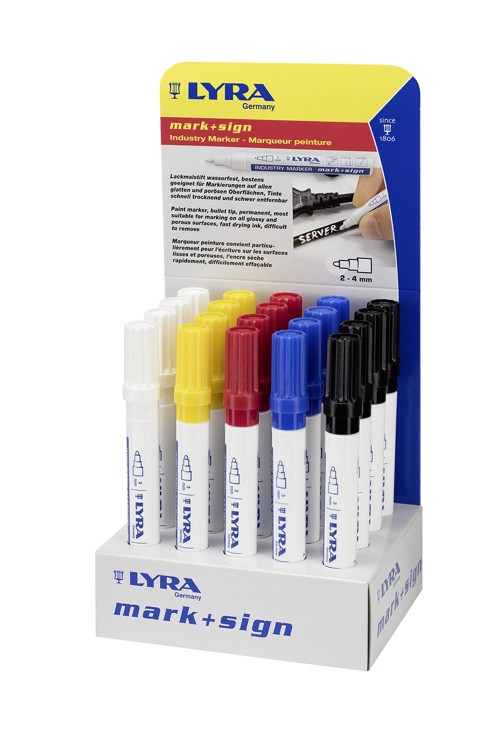 LYRA Marcador industrial L4047001 con 5 colores diferentes de 2-4 mm, para marcas profesionales en superficies lisas y rugosas, pantalla con 20 unidades