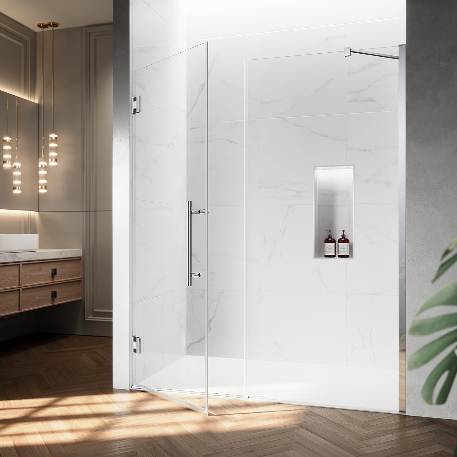 59.2-60" W x 72" H Hinged Swing Shower Door, Pivot Frameless Shower Door with 5/16"(8mm) Clear SGCC Tempered Glass, Magnetic Closing, Chrome