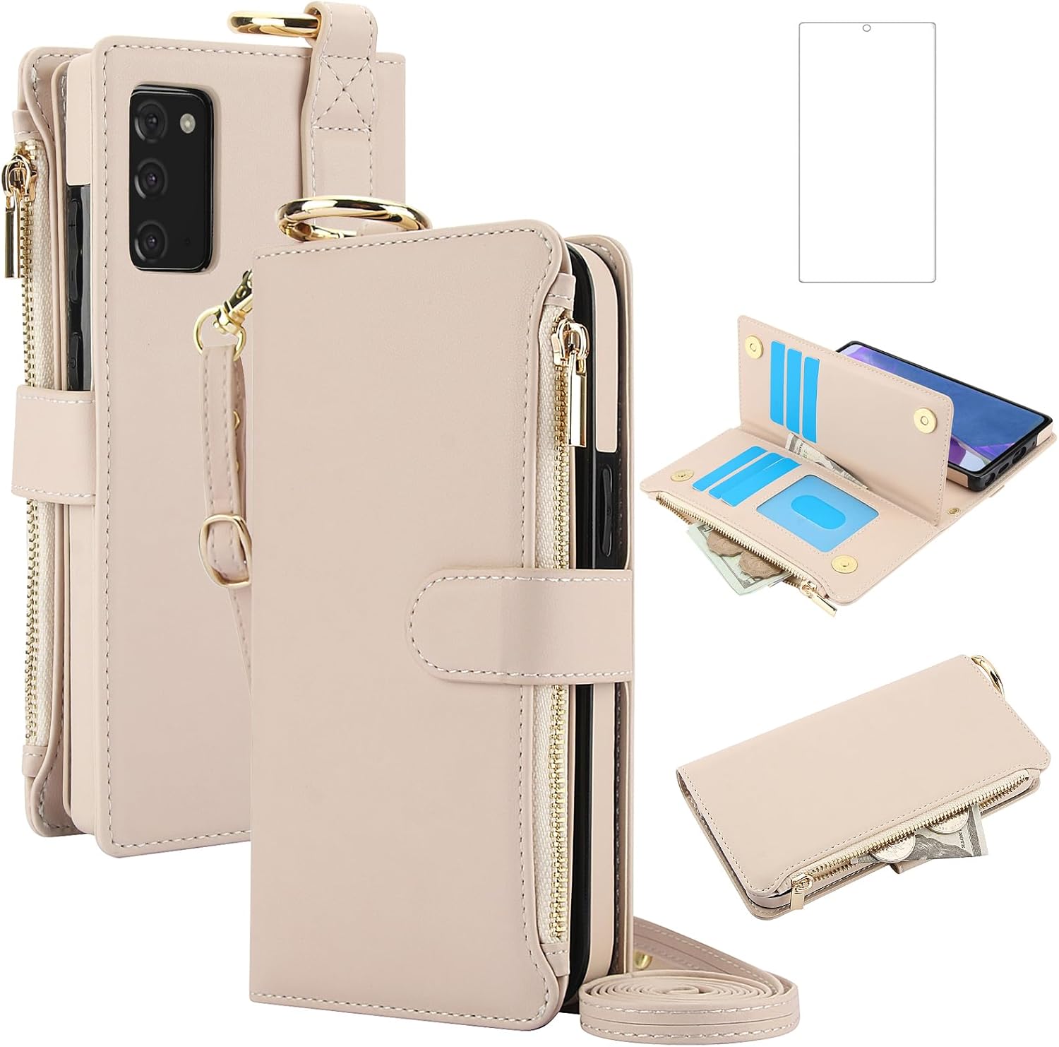 Asuwish Phone Case for Samsung Galaxy Note 20 5G Zipper Wallet with Tempered Glass Screen Protector Crossbody Strap Card Holder Flip Cell Cover Note20 Notes 20s Twenty Not S20 Women Girls Apricot