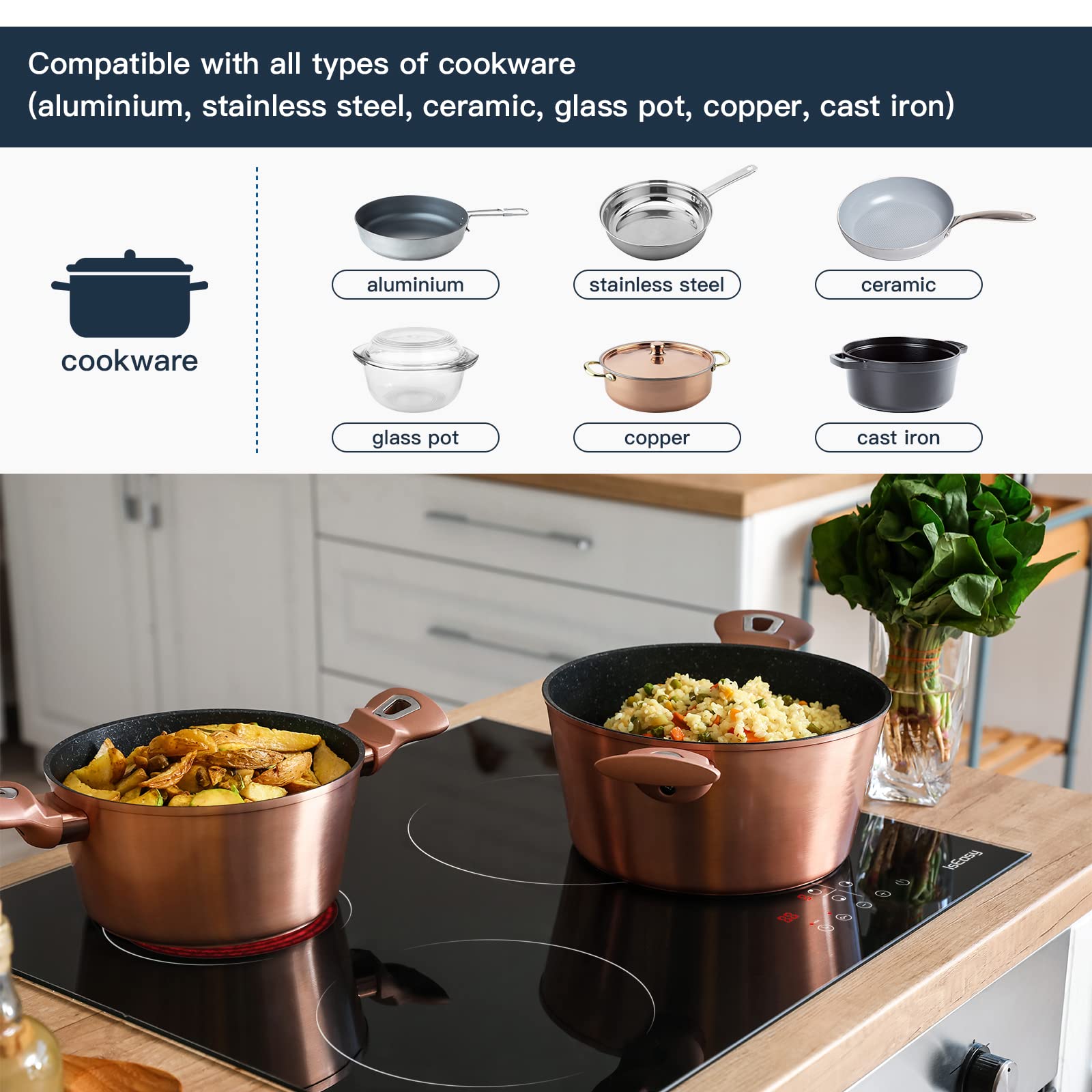 Piastra di cottura in vetroceramica elettrica (6600 W, 3 fuochi, 60 cm, da incasso, automatica, touch, timer, vetro-ceramica) -3 zone
