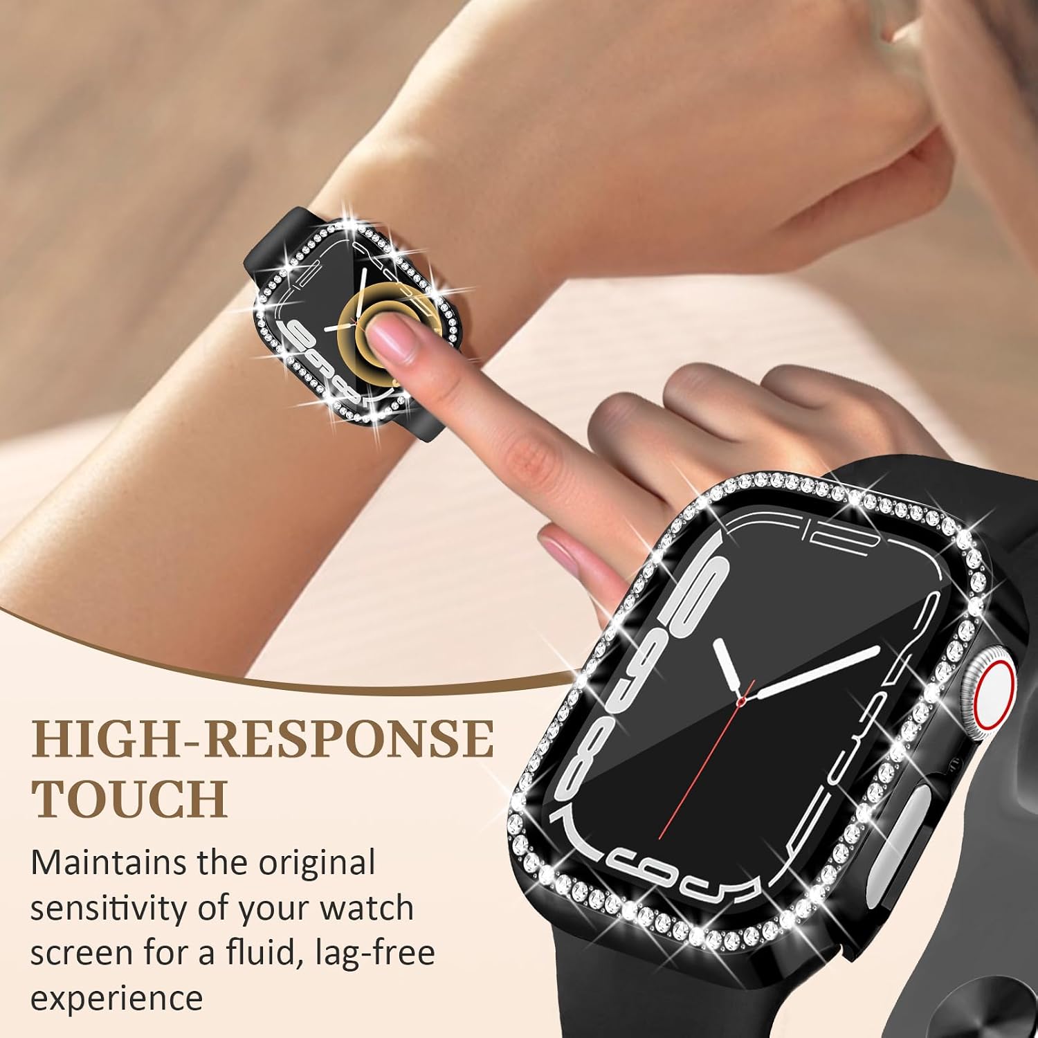 JR.DM Bling Case Compatible with Apple Watch Series 7/8/9 HD Screen Protector 45mm, Women Sparkling Diamond Rhinestone Bumper Protective Face Cover for iWatch Accessories, Black image 3