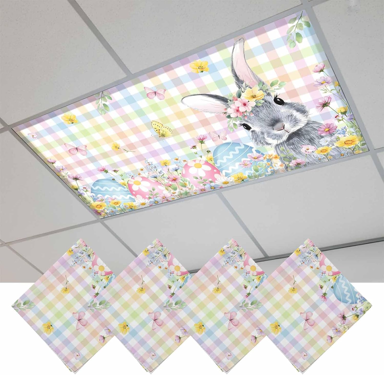 Easter Bunny Fluorescent Light Covers for Ceiling Lights 4x2 feet,4 Pack Magnetic Light Filters for Classroom,Blue Easter Eggs Spring Floral Colorful Plaid Fluorescent Lamp Shade Panel for Office