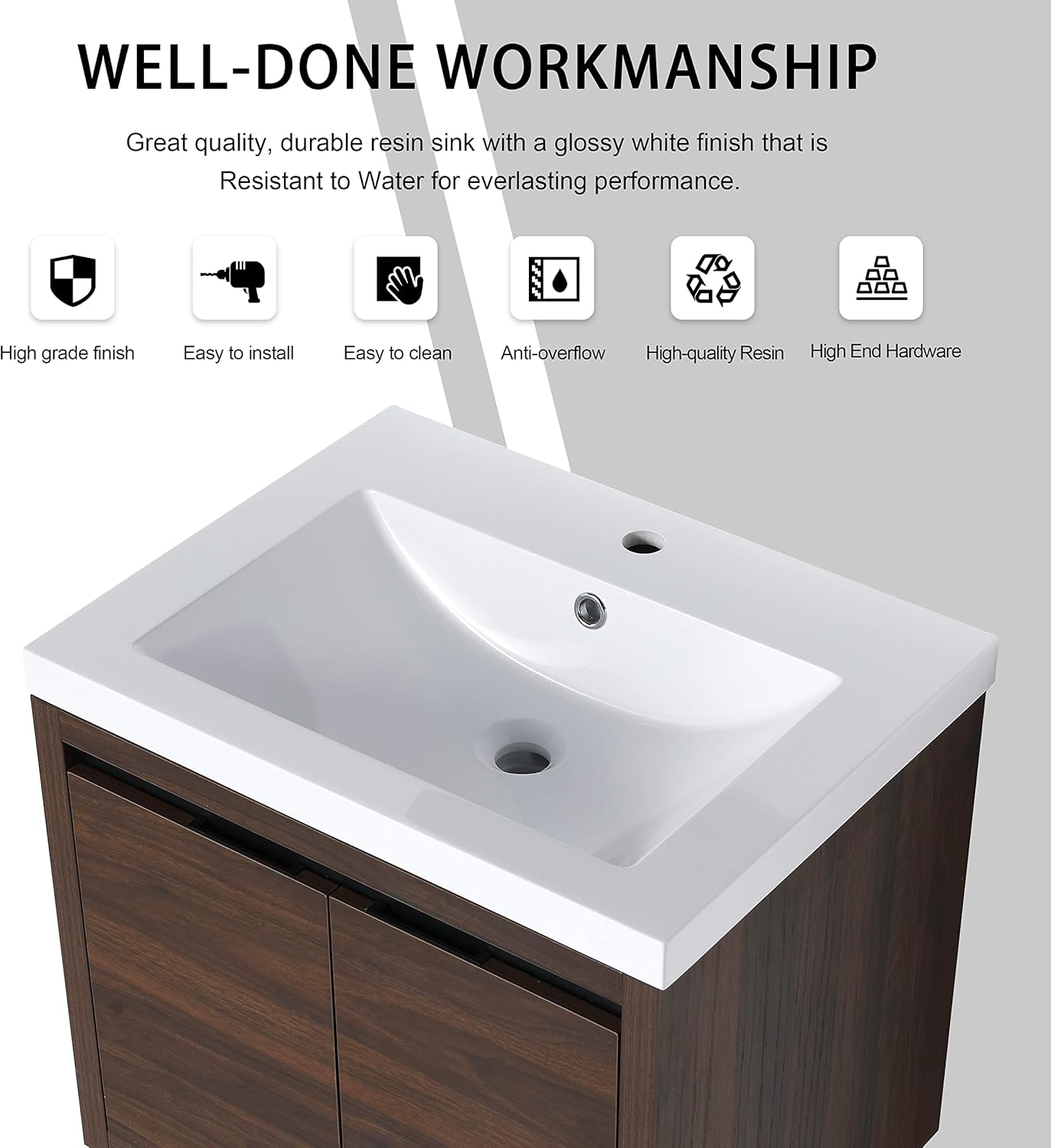 24 Inch Bathroom Vanity with Sink, 24" Floating Vanity, Premium Plywood Wooden Bathroom Cabinet with 2 Doors, Modern Wall Mounted Cabinet Set with White Ceramic Sink, Silent Operation (Brown)