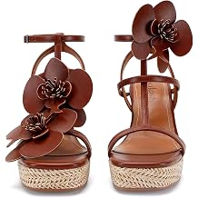 LACIKOS Flowers Wedge Sandals For Women Strappy Raffia Platform Heels