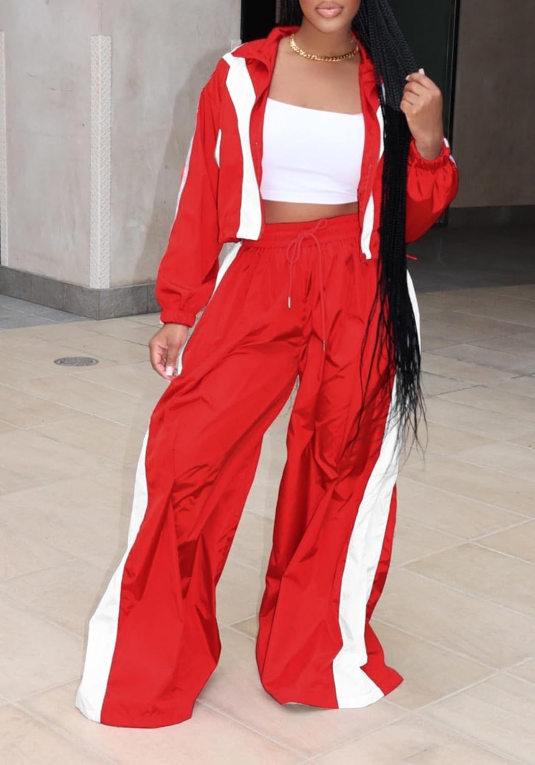Women Sweatsuits 2 Piece Outfit Color Block Crop Zipper Tops & Elastic Waist Wide Leg Pants Sets Streetwear Tracksuit - Image 4