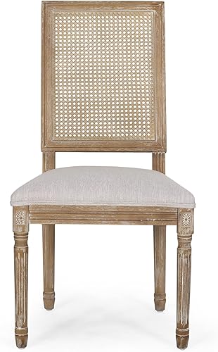 Miniatura 6 de Juego de 2 sillas de comedor, mesa y sillas de estilo rústico francés con marco de madera de caucho, asientos tapizados y respaldo de caña para