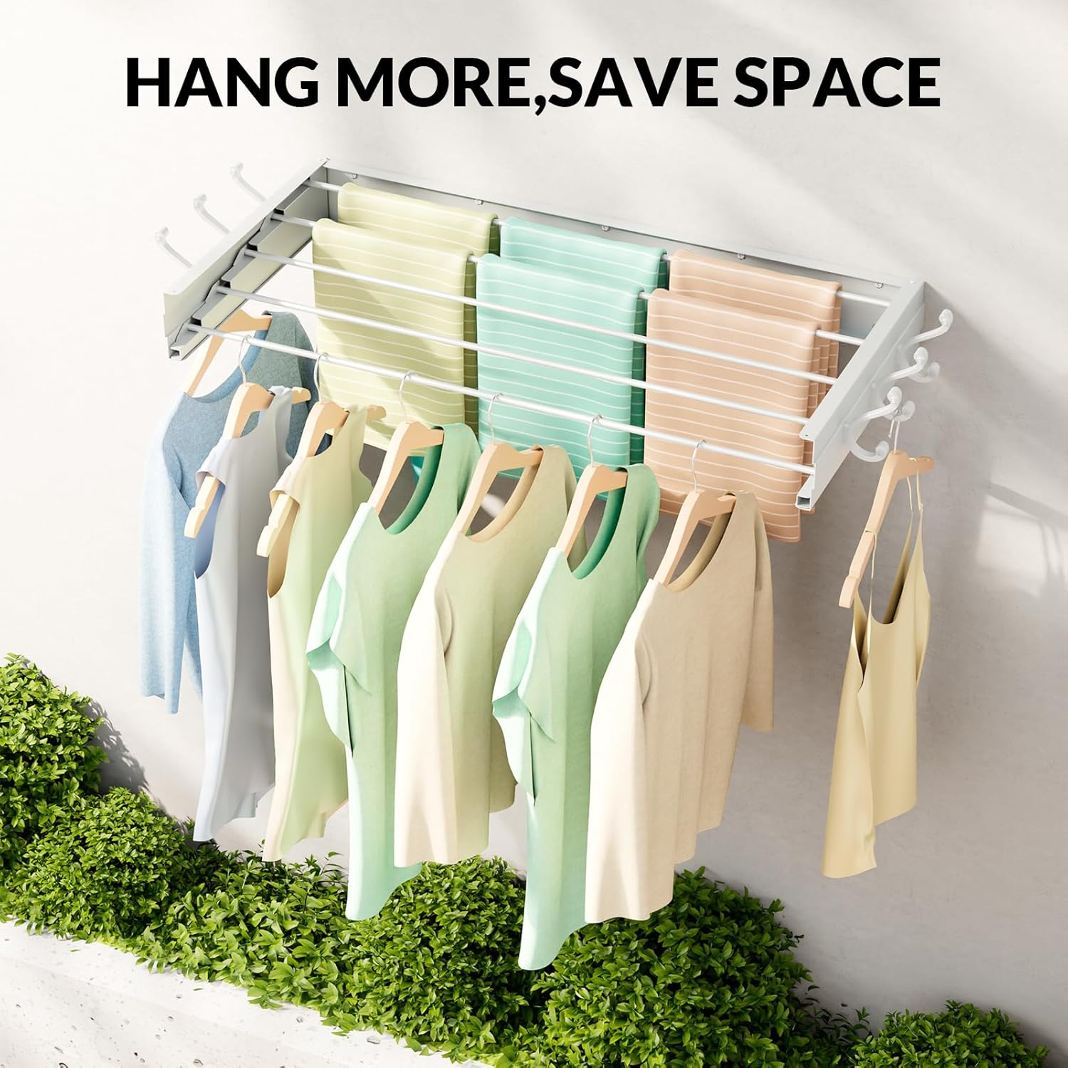 BAKON Wall Mounted Drying Rack, Indoor Outdoor Foldable Wall Mounted Clothes Drying Rack, Concealed Wall Drying Rack - Space Saving for Storage and Drying Clothes, 6 Hooks, 5 Poles (31.5"【Upgrade】)