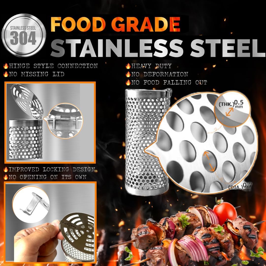 M. A. C.® UPGRADED Grill Baskets for Outdoor BBQ, 2 Rolling Grill Baskets for Fish, Meat, and Fries with 2 Turning Forks, including 2 Handling Hooks, Grilling Glove, and Menu Card