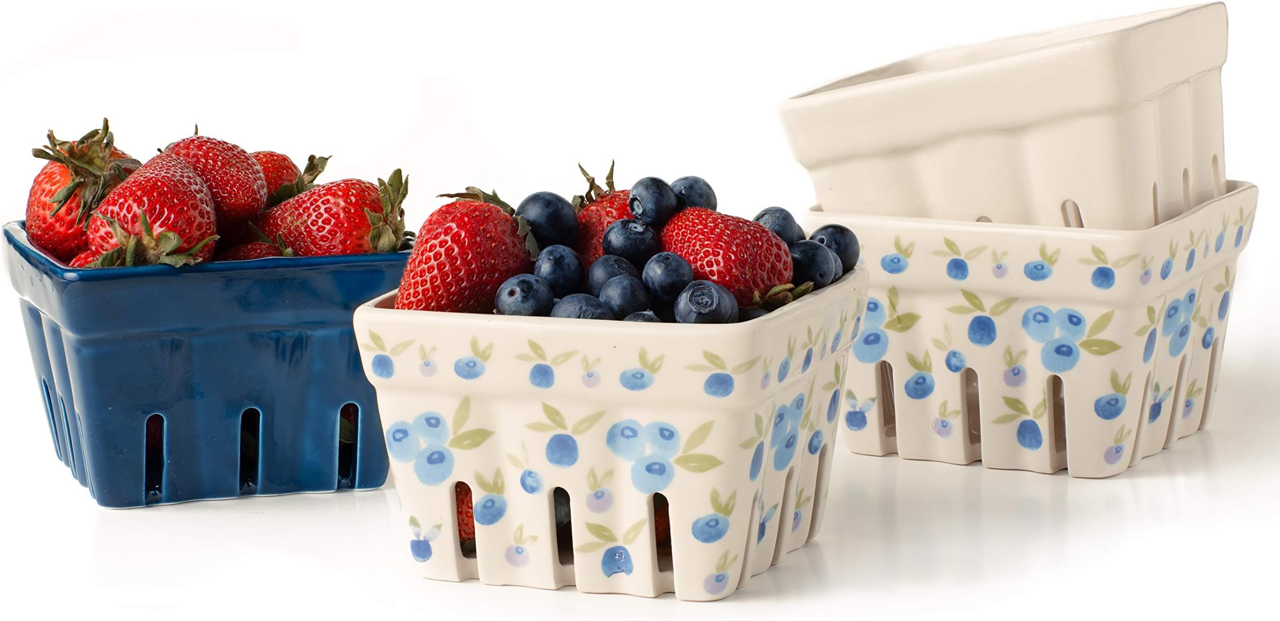 BIEN BEAU Farmhouse Ceramic Berry Basket, Colander, Farmers Market square Bowl. Rustic Kitchen decor fruit, Fruit Baskets, Bleu White and Blueberry pattern Stoneware Harvest Bowls Set of 4 …