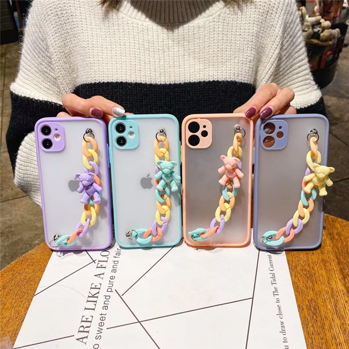 Emlivi Custodia per iPhone XS con braccialetto di perle, motivo floreale, alla moda, con onde, graziosa fragola, in morbido silicone TPU, per iPhone X, pesca al miele