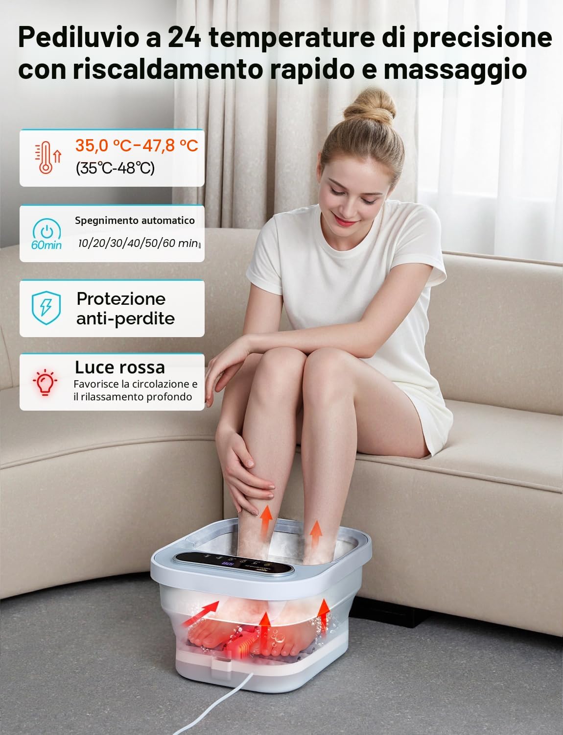 ALLJOY Pediluvio Massaggiatore Piedi Pieghevole, Termica Foot Spa per Alleviare Il Dolore, Idromassaggio Piedi 24 Temperatura, Pietra Pomice, 6 Timer, 6 Rulli Massaggianti, Luce Rossa Regali di Natale