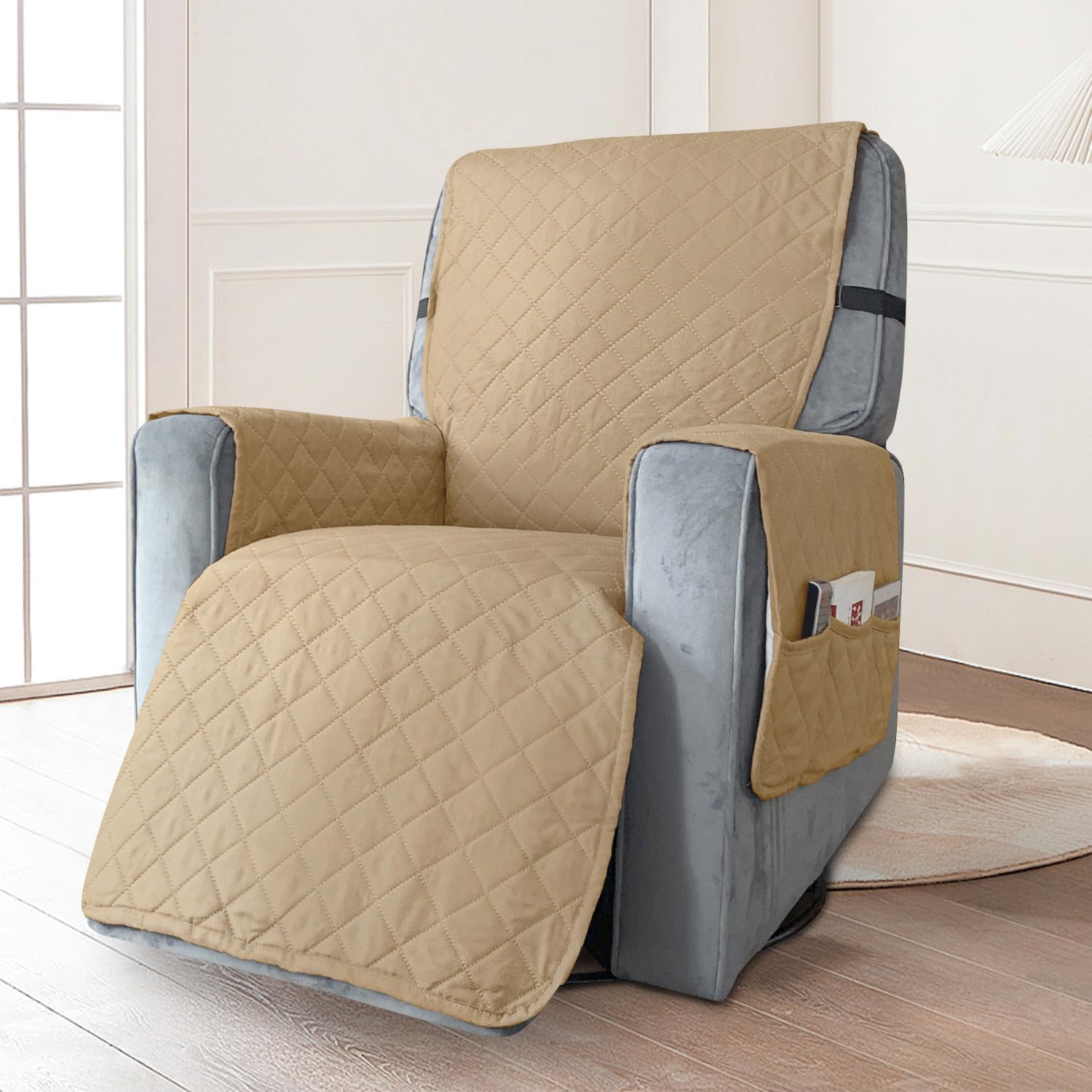 Recliner Slipcovers, Waterproof Recliner Chair Covers with Pockets,Sofa Slipcover for Recliner Chair,Chair Non Slip Cover for Pets/Kids with Elastic Strap