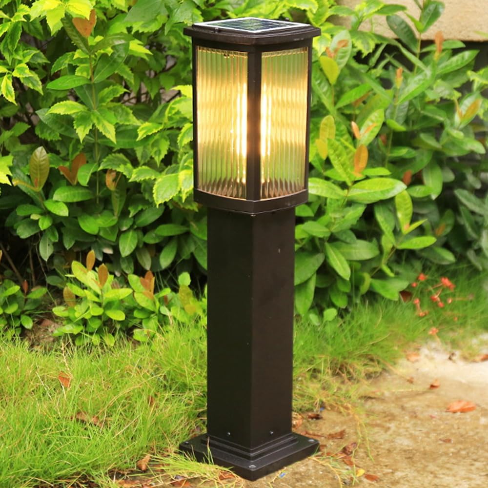 HELCEKOU Solar Pathway Light Oudoor Waterproof Bollard Lantern with Stripe Glass Aluminum Landscape Path Modern Garden Lights for Courtyard Driveway Walkway Doorway