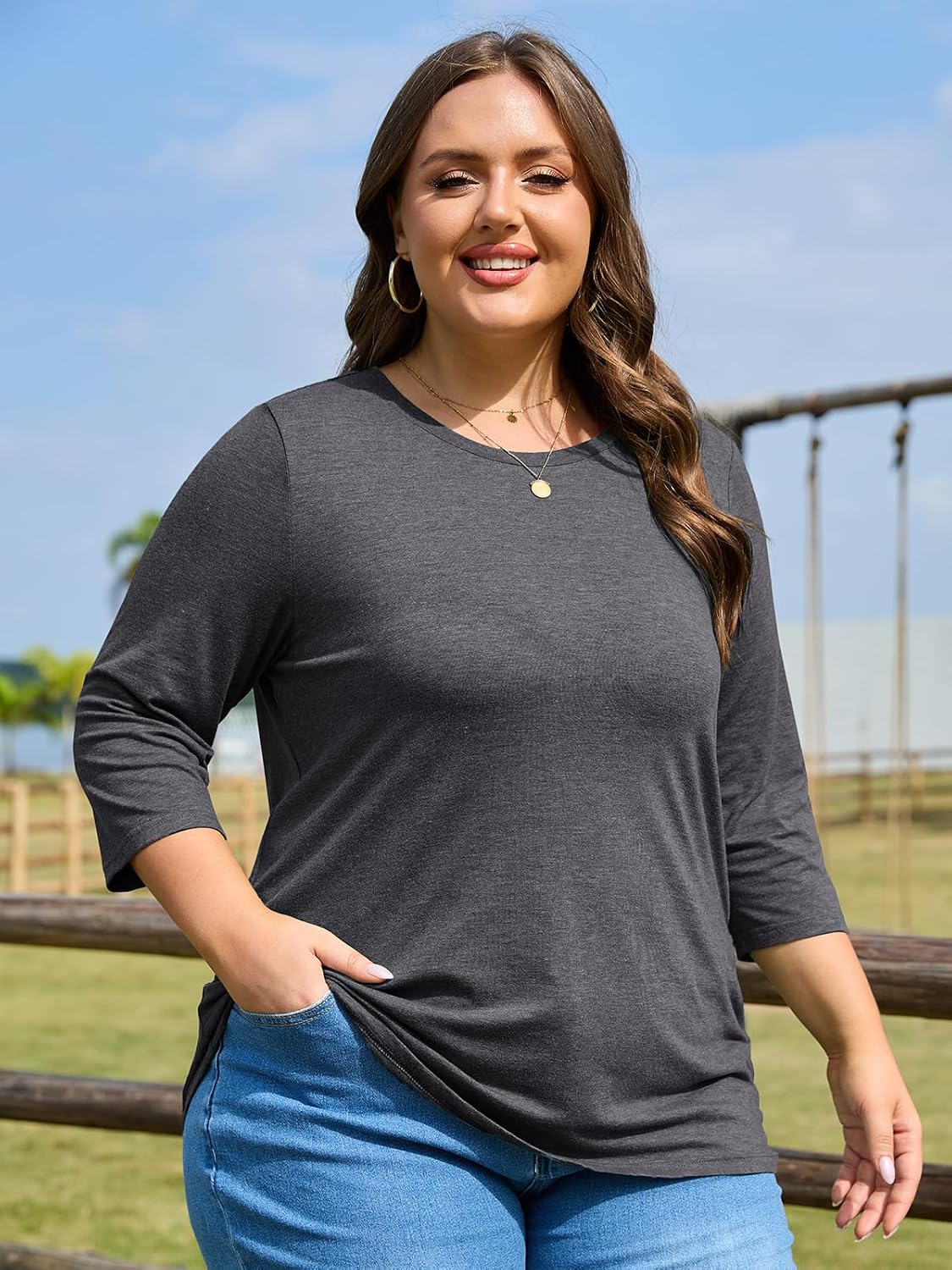 ZDC Women's Plus Size Tops 3/4 Sleeve Crew Neck T Shirts Loose Fit Tee Tunic Casual Blouse