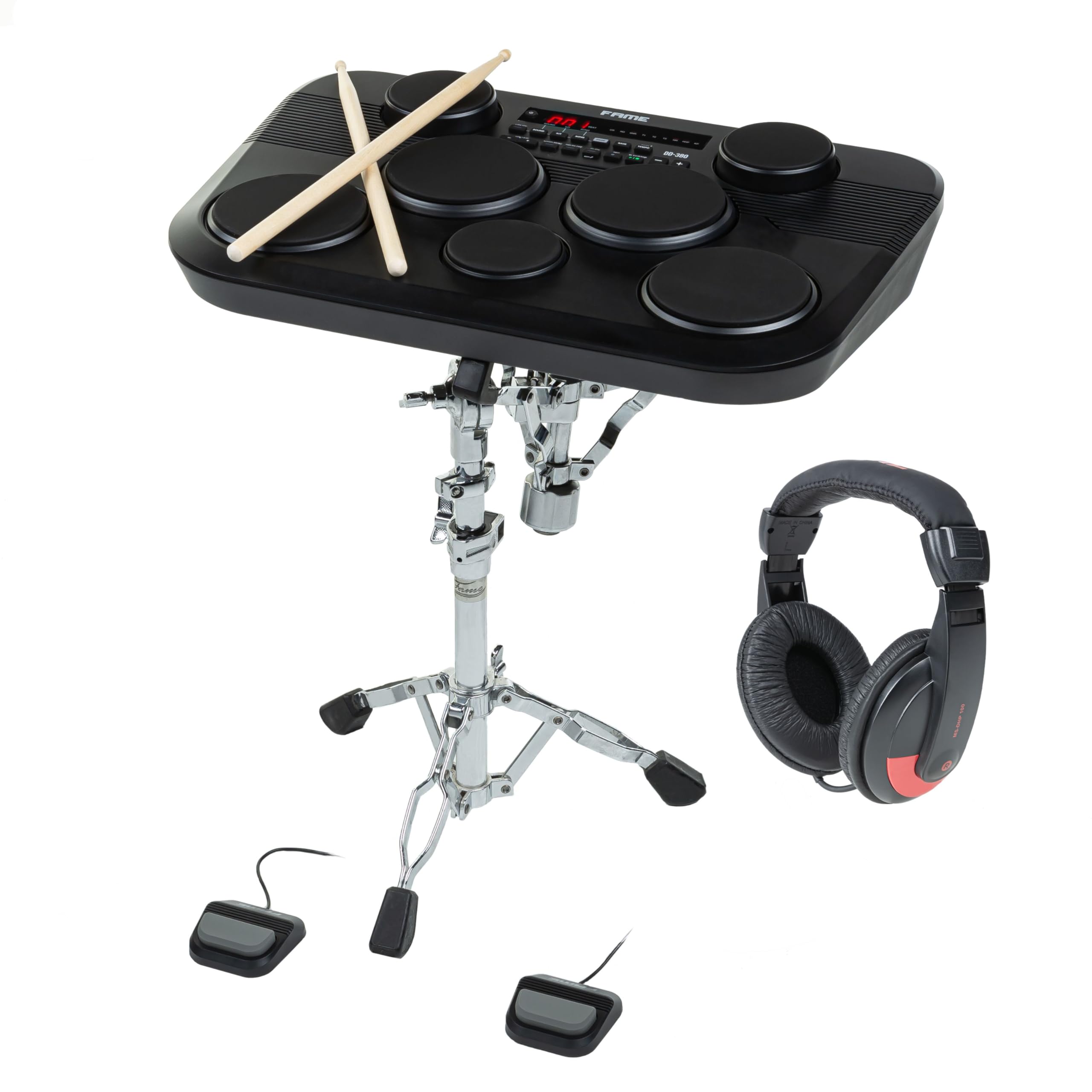 Digital Drum Set, Fame DD-380, Snare-Ständer SDS9000, Hornbeam 5A Drumsticks, MS-DHP 100 Kopfhörer, 45 Drumkits, 273 Sounds, Recording-Funktion, ideal für Drummer