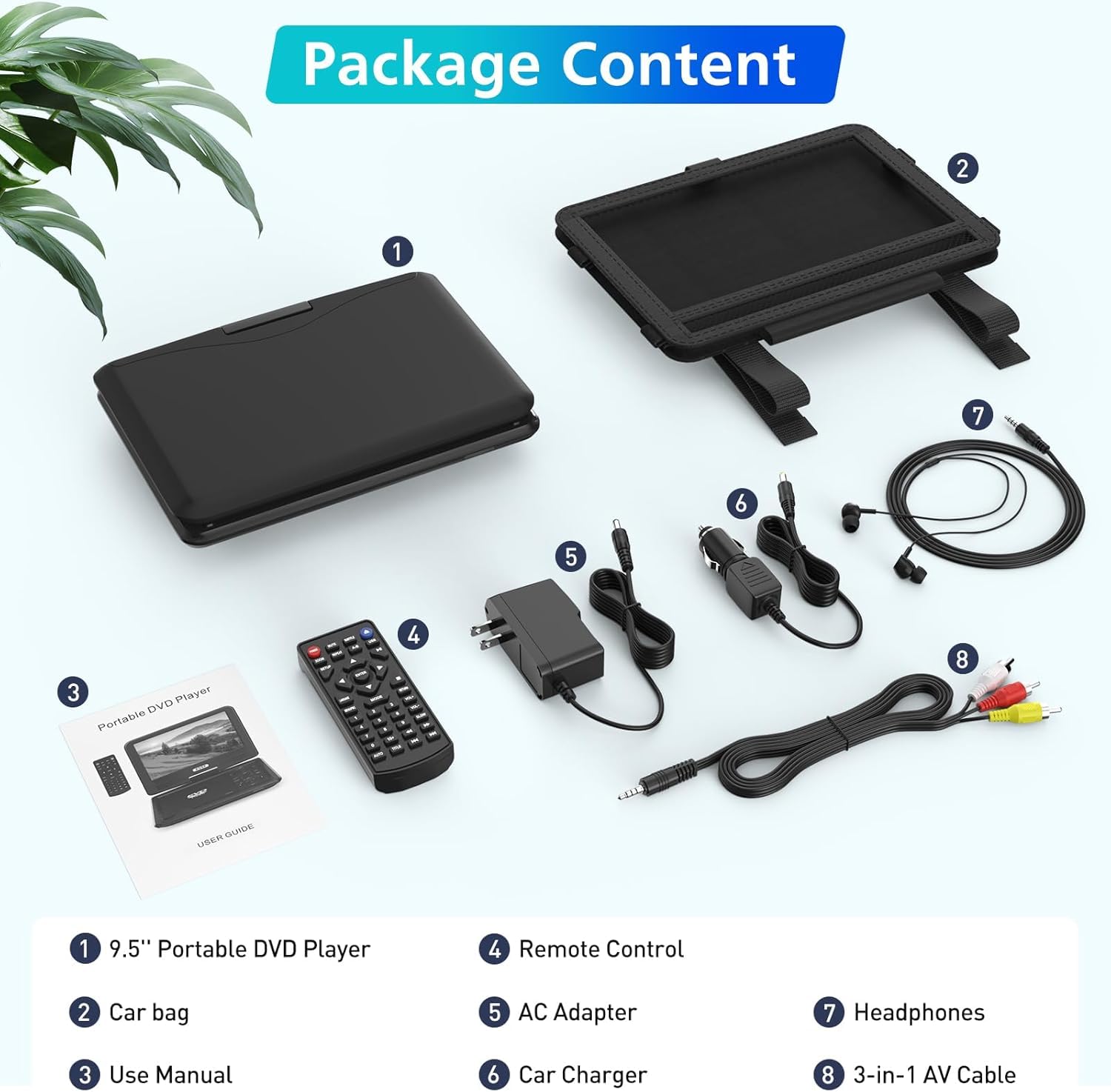 PJGCWB Lecteur DVD portable de 11,5" avec écran pivotant de 9,5", batterie rechargeable de 5 heures, lecteur DVD de voiture pour enfants, prend en charge carte SD/USB/CD/DVD et plusieurs formats de