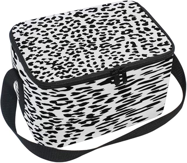Use7 Black White Leopard Print Insulated Lunch Bag Tote Bag Cooler Lunchbox for Picnic School Women Men Kids