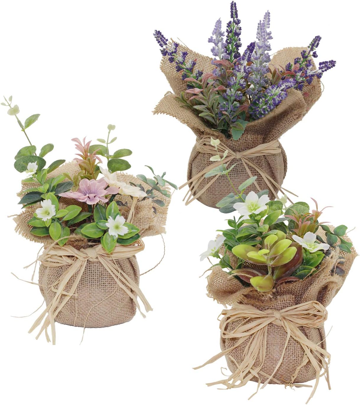 kmkaren Artificial Flowers with Vase Plastic Mini Plants Unique Fake Fresh Artificial Flower in Natural Burlap Cloth Pot for Home Décor – Set of 3