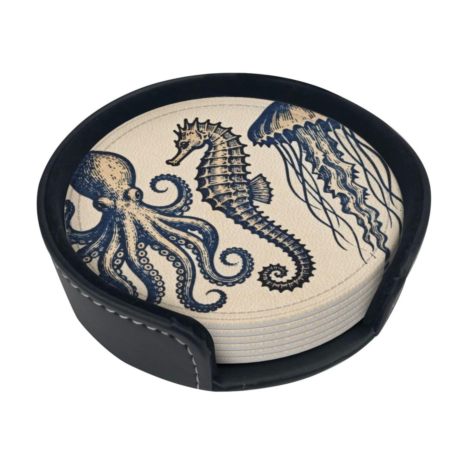 Cntdbu White Ocean Creature Print Leather Coasters Set Of 6-Pu Leather Drink Mats For Table, Heat Resistant Round Coasters With Holder