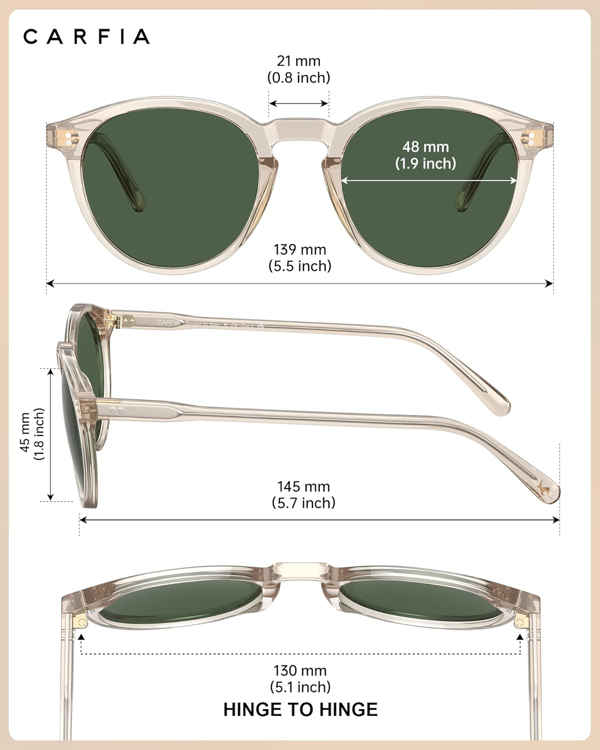 CARFIA Round Polarized Sunglasses for Women UV Protection Acetate Frame Classic Retro Style CA2302 - Image 4