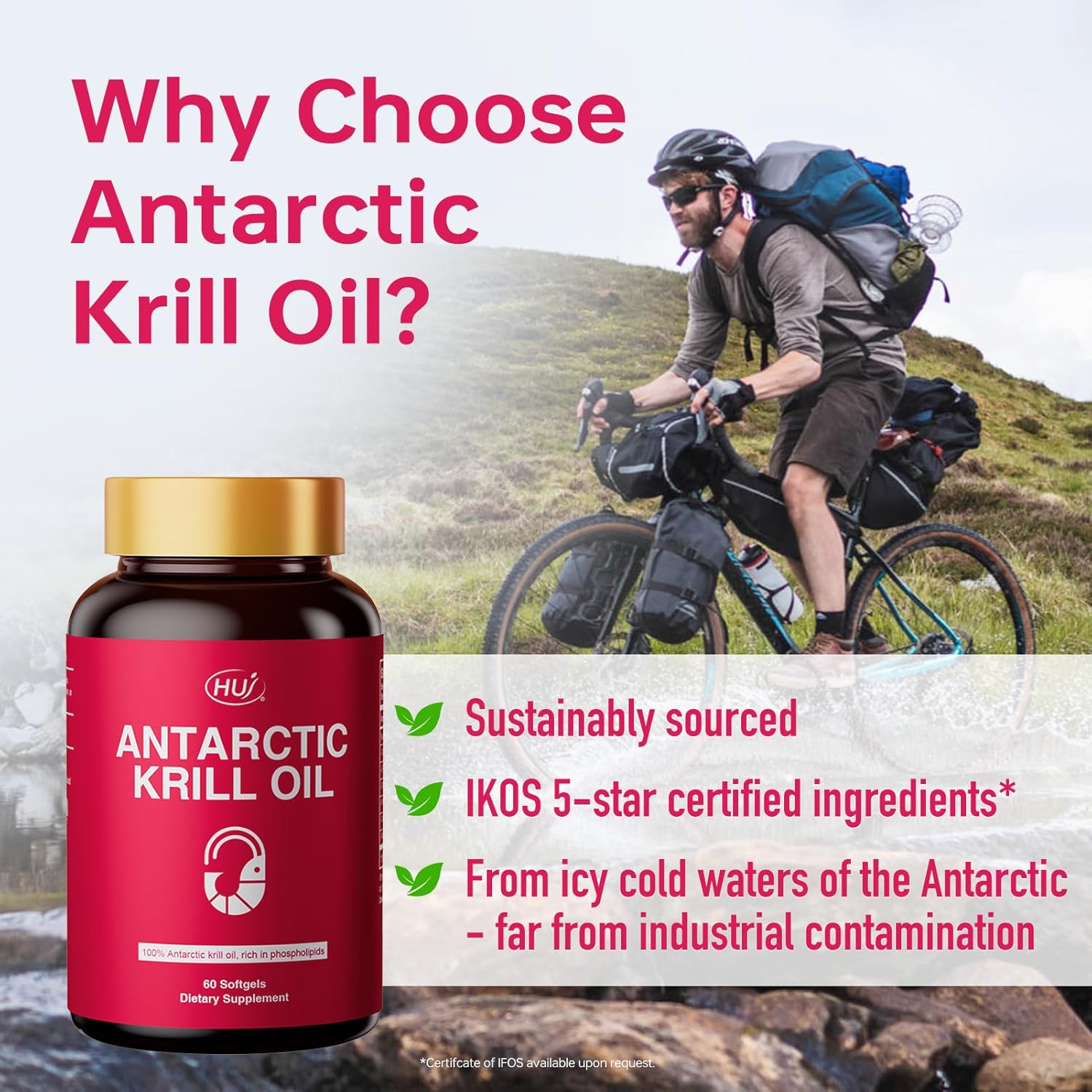 HUJ Antarctic Krill Oil 1000mg with Omega-3s EPA, DHA, Astaxanthin, Phospholipids and Choline - Sustainably Sourced - 60 Softgels